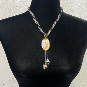 Vintage art glass pendant necklace Gold and Blue